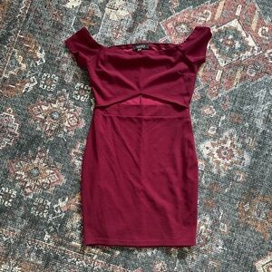 Akira off the shoulder maroon dress with front cut out